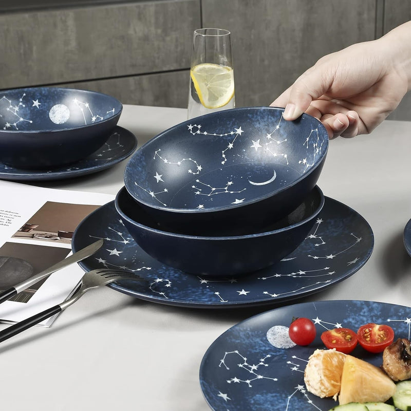 12 Piece Melamine Dinnerware Sets for 4 - Starry Pattern Camping Dishes Set for Indoor and Outdoor Use, Dishwasher Safe Plates and Bowls Sets, Dark Blue