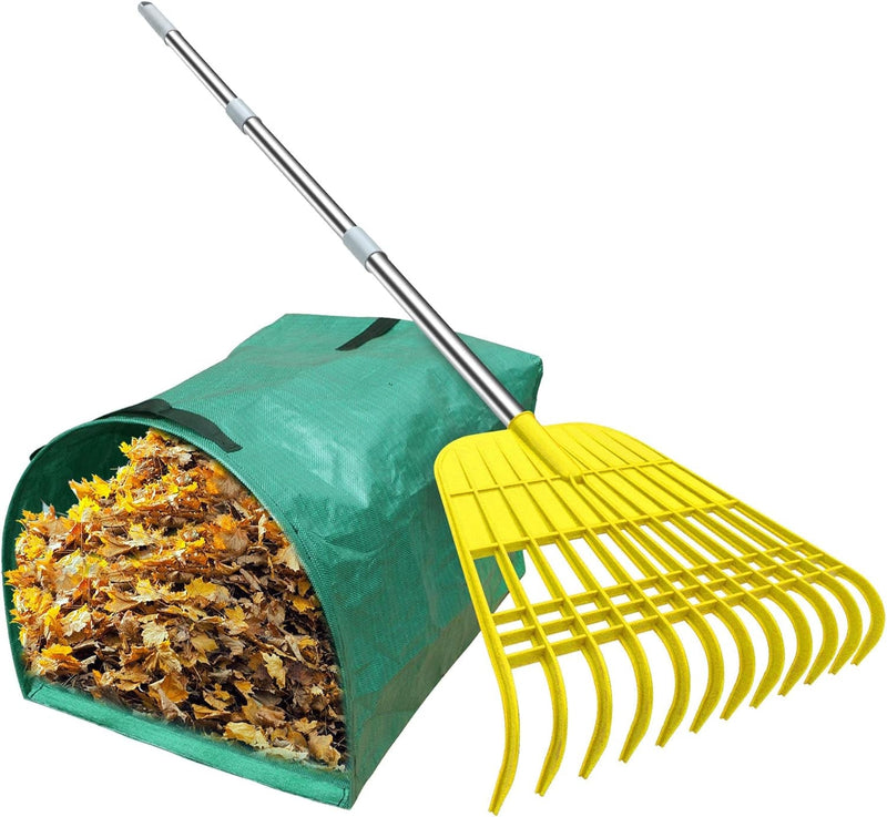 Gardzen Large Leaf Scoop & 12 Tines Gardening Leaf Rake Set, Comes with 72 Gallon Garden Bag