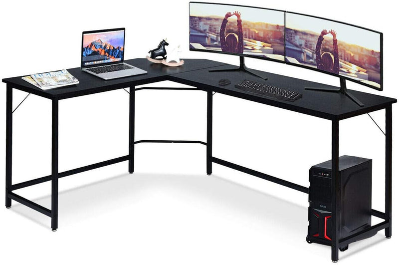 Black L-Shape Computer Desk with CPU Stand Laptop Notebook PC Workstation Gaming Study Writing Reading Table Large Working Area Iron Frame Ideal for Home Offices Living Room Study Room Game Room Use