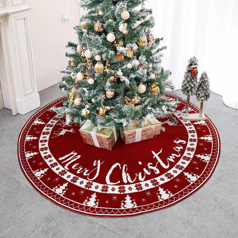 Christmas Tree Skirt 60 Inches, Knit Red Tree Skirt for 7Ft Tree to 9Ft Tree, Double-Sided Large Knitted Xmas Tree Skirt for Indoor Holiday Party Farmhouse Christmas Tree Decorations