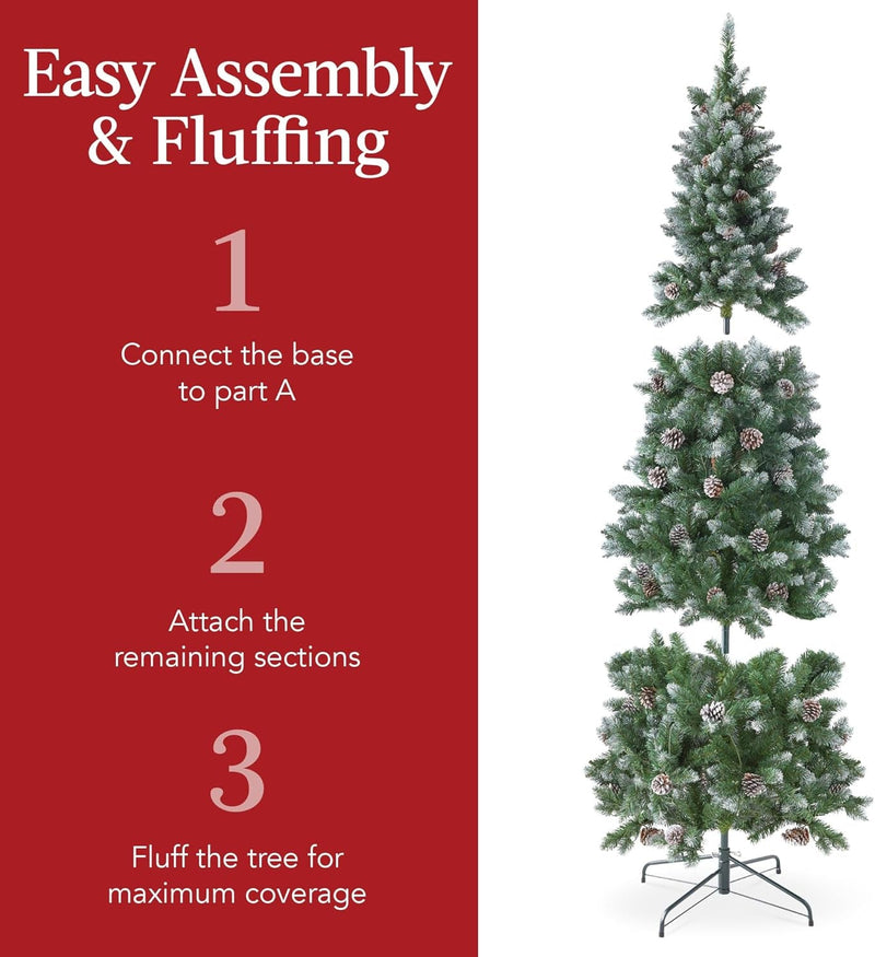 Best Choice Products 6Ft Pre-Lit Pencil Christmas Tree, Partially Flocked & Frosted Slim Holiday Tree Decoration, Skinny Xmas Tree, 250 Lights, 618 Frosted Tips, 50 Pine Cones, Foldable Stand