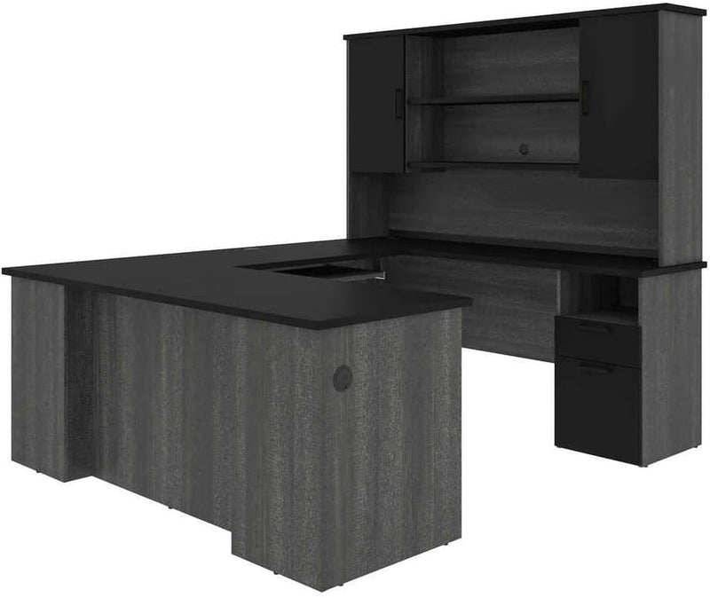 Bestar Norma 71W U or L-Shaped Executive Desk with Hutch in Black & Bark Gray