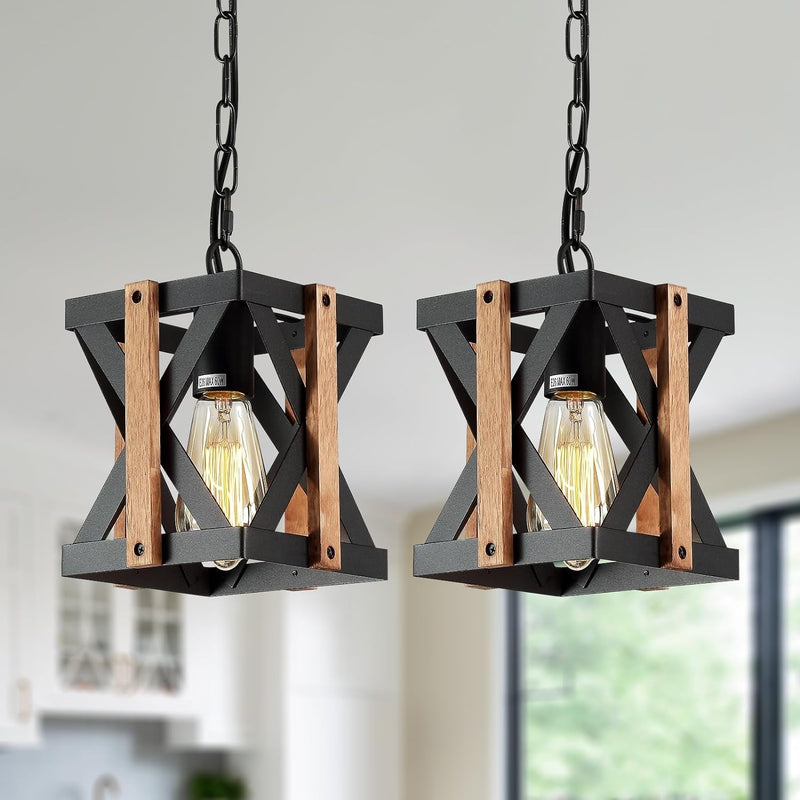 2 Pack Farmhouse Pendant Light Black Metal and Wood Cage Hanging Light Fixture 39 Inch Adjustable Chains Rustic Pendant Lighting Fixture for Kitchen Island Dining Room Bedroom Entryway Hall