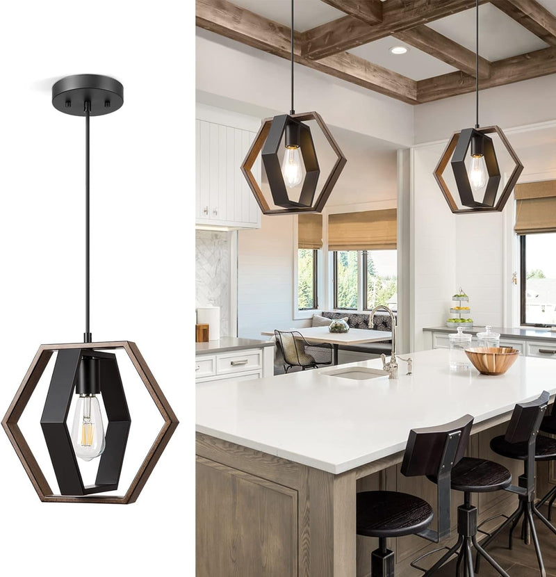 EDISHINE Pendant Lights for Kitchen Island, Farmhouse Hanging Light Fixture with Wood Grain and Black Finish, Adjustable Height Pendant Light for Kitchen Table, Hallway, Entry, Culus Listed