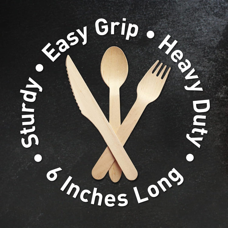 Disposable Wooden Cutlery Set - 300 Count (100 Forks, 100 Knives, 100 Spoons) – Plastic-Free Packaging - Biodegradable Silverware and Splinter-Free Compostable Utensils for Parties