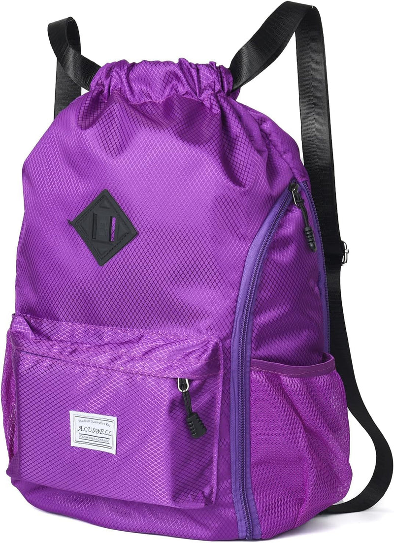 ALUSBELL Large Drawstring Backpack Bag, Sports Gym Bag String Sackpack with Shoes Compartment, Waterproof String Bag Cinch for Women Men(Purple)