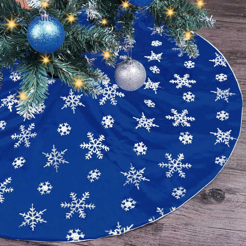 Christmas Tree Skirt, 36 Inches Blue Mercerized Velvet Skirt with Silver Sequin Snowflake for Rustic Xmas Tree Holiday Decorations