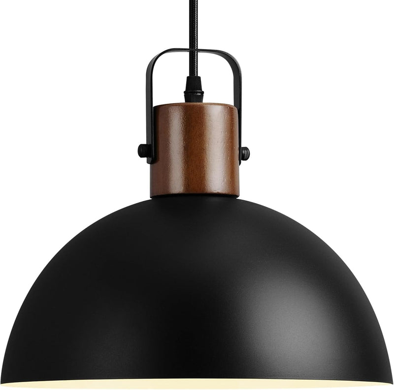 Eustace 11.8" Wood and Metal Black Pendant Light Fixtures, Modern Farmhouse Pendant Lamp, Industrial Dome Hanging Lights for Kitchen Island Dining Room Hallway Restaurant Entryway