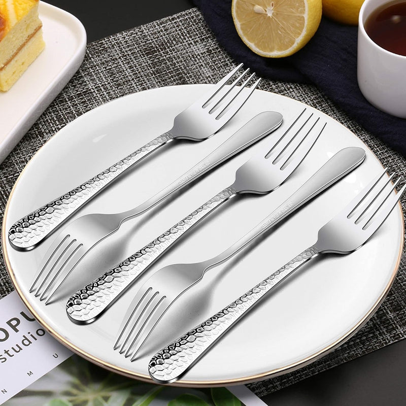 E-Far 12-Piece Stainless Steel Hammered Dinner Forks Set, Salad Flatware Forks Use for Home, Kitchen, Restaurant, round Edge & Mirror Polished, Dishwasher Safe - 7.9 Inches