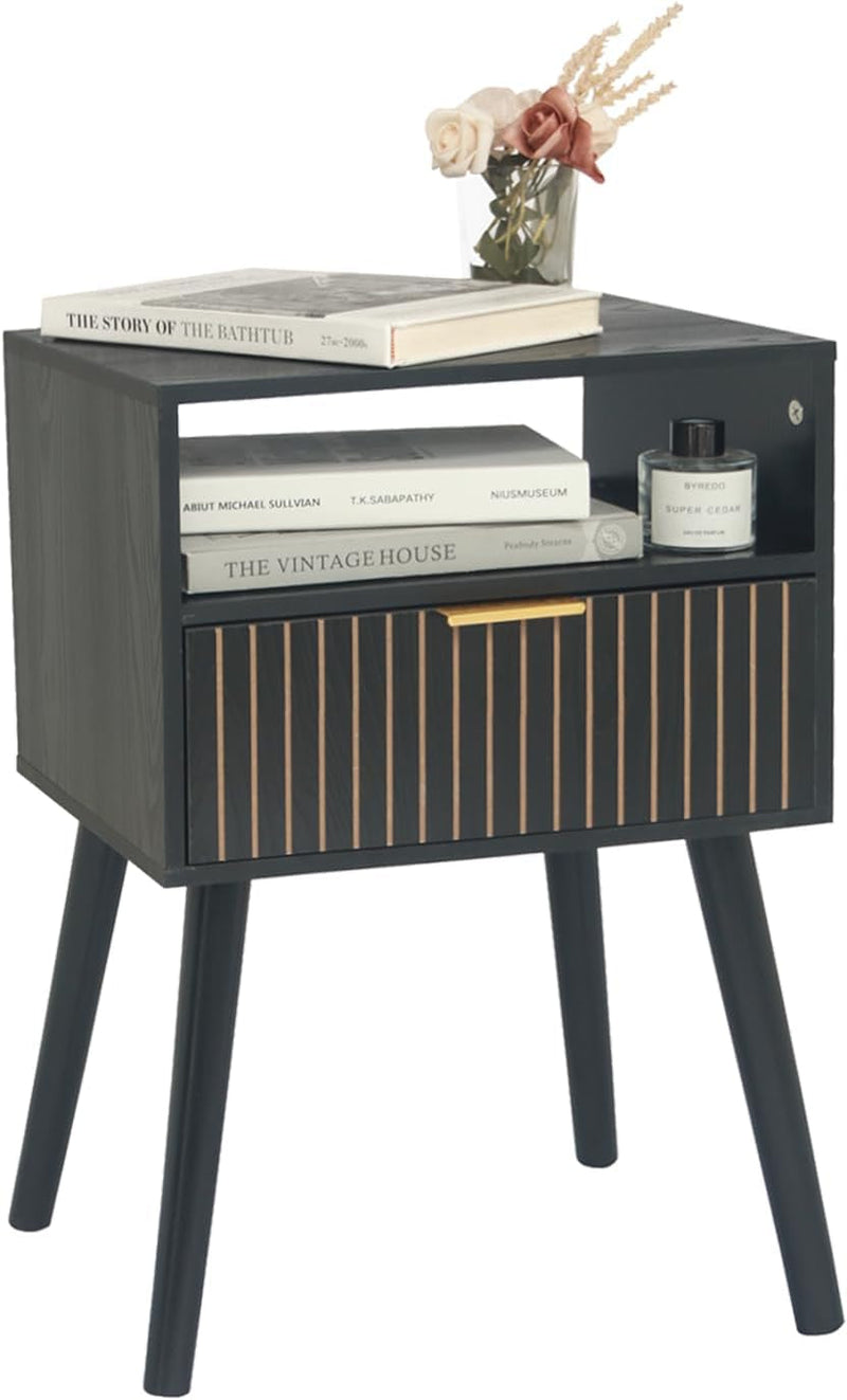 Black Nightstand with Charging Station, Mid Century Modern Bedside Table with Open Shelf and Storage Drawer, End Table with Solid Wood Legs, Black