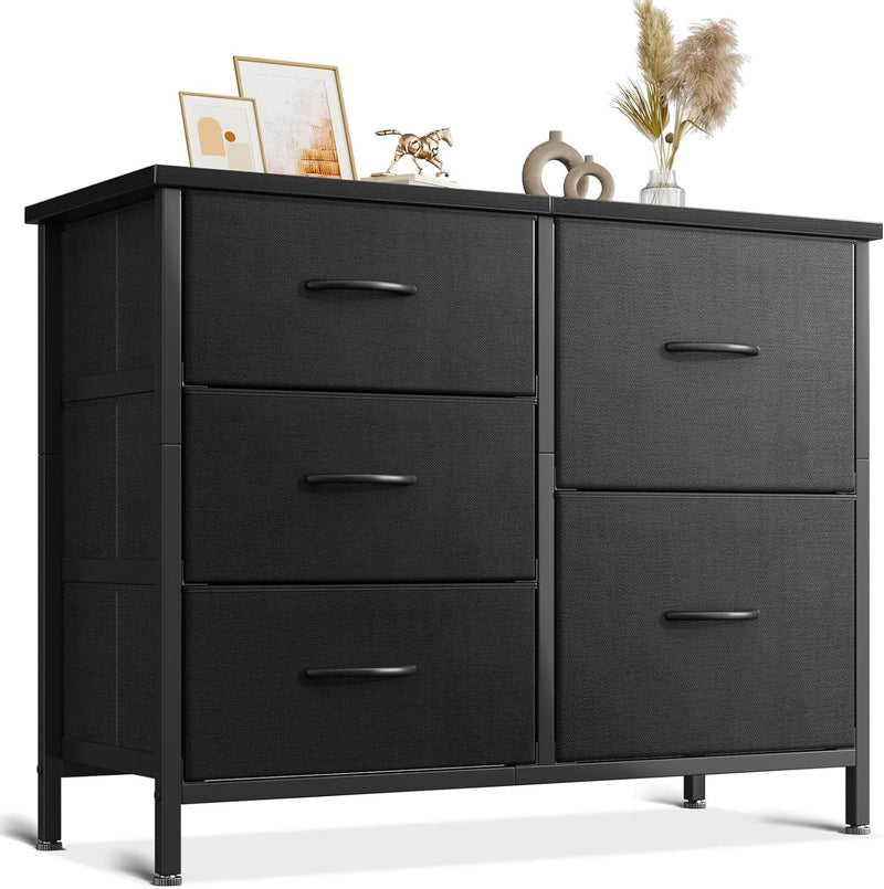 AODK Dresser for Bedroom Dresser TV Stand with 5 Storage Drawers, Small Fabric Dresser Chest of Drawers for Closet Organizer Clothes, Black
