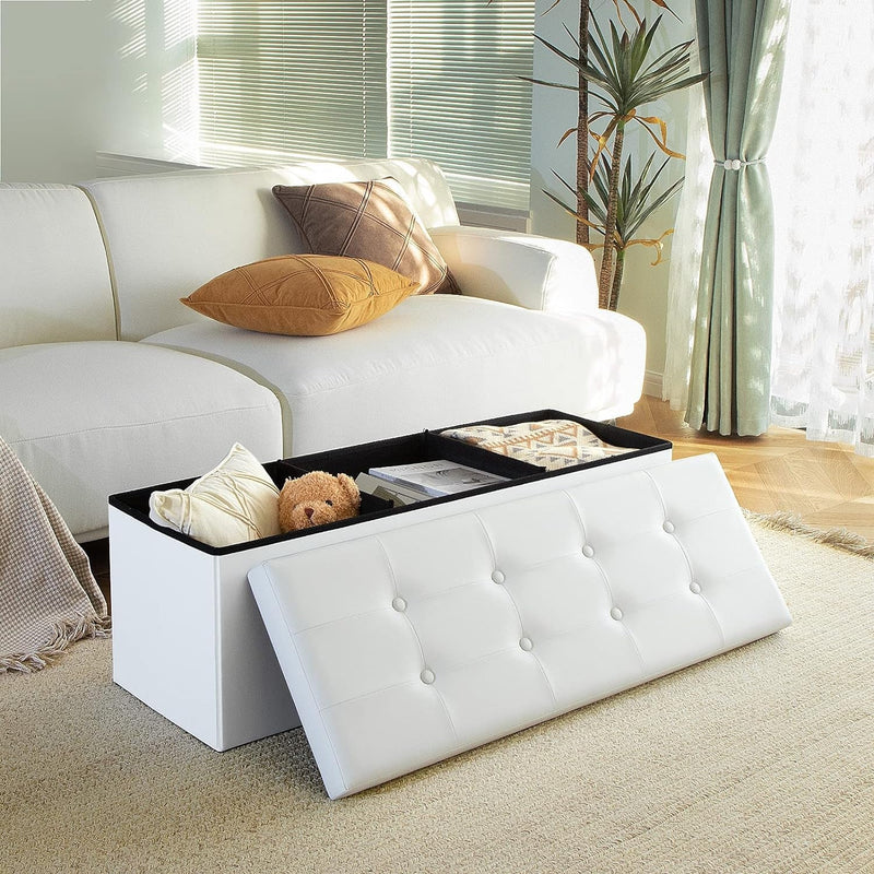 Camabel Folding Ottoman with Storage Bench Cube 43 Inch Hold up 700Lbs Faux Leather Long Chest with Memory Foam Seat Footrest Padded Bed Storage Bench for Bedroom Coffee Table Rectangular White BG470