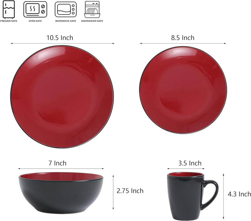 16 Piece round Kitchen Dinnerware Set,Plates and Bowls Sets,Dishes, Dinner Plates, Cereal Bowls Set，Bowls, Mugs, Dish Set，Plates and Bowls,Service for 4, Stoneware Dinnerware,Red and Black