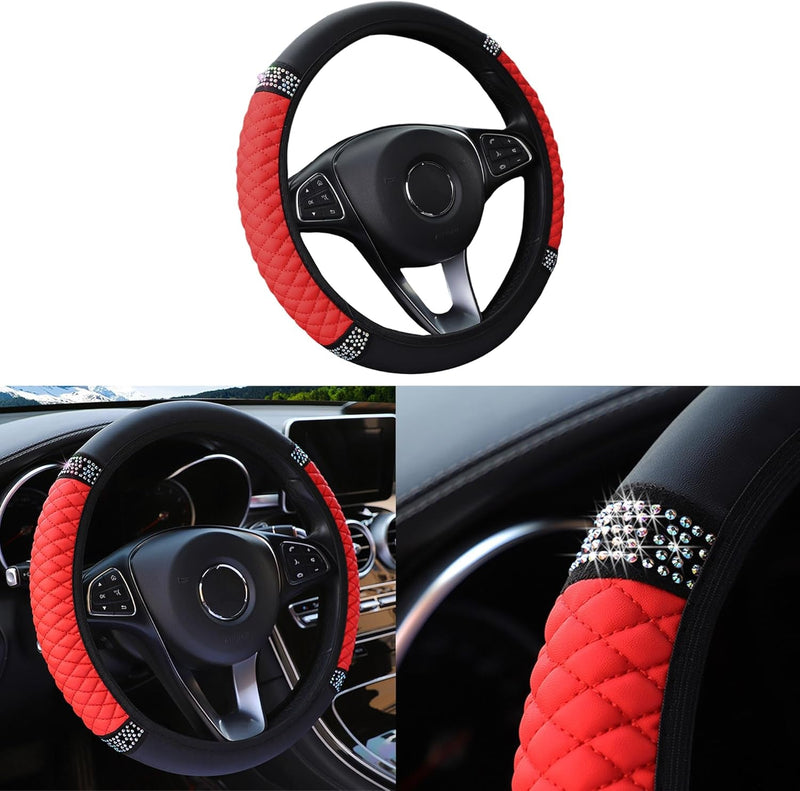 Bling Car Steering Wheel Cover, 15 Inch Rhinestones Soft Leather Elastic Steering Wheel Protector, Sparkly Crystal Diamond for Women Girls, Car Interior Accessories for Most Cars (Black)