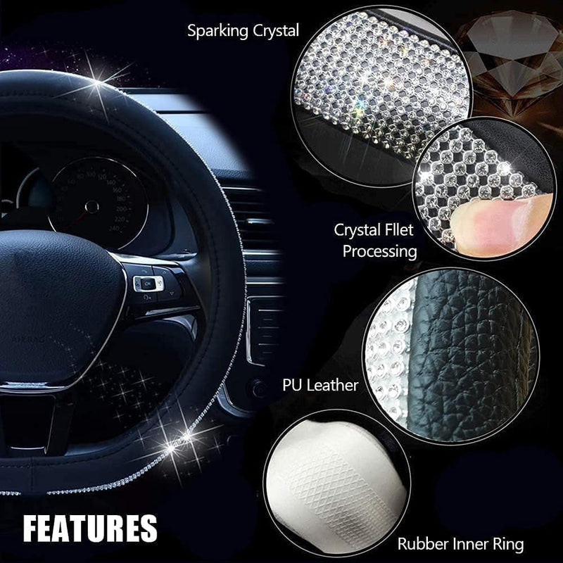 Diamond Leather Bling D Shape Steering Wheel Cover with Shining Crystal Rhinestones,Flat Bottom Shaped Steering Wheel Cover Universal Fit for 15 Inch Steering Protector for Women Girls(D-Black)