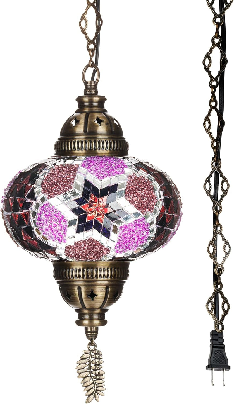 DEMMEX Authentic Turkish Plug in Pendant Light, 6.5" Big Size Globe, Made in Turkey, Turkish Moroccan Mosaic Ceiling Hanging Pendant Light Fixture Lamp, Swag Plug in with 15Ft Cord and Chain