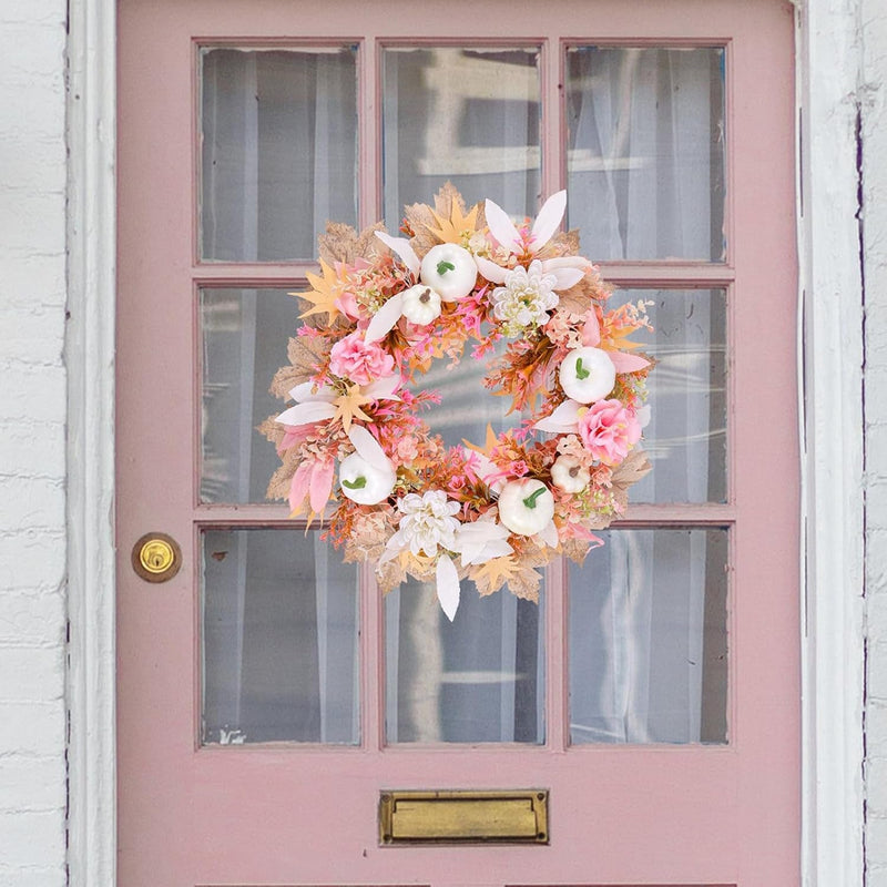 Fall Wreath 16 Inches Autumn Wreath with White Pumpkins and Pink Flowers Leaves Farmhouse Fall Floral Wreath for Front Door Thanksgiving Harvest Home Decor