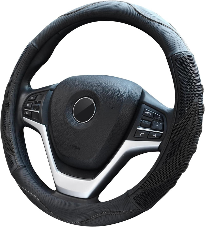 Alusbell Breathable Auto Car Steering Wheel Cover for Men and Women Microfiber Leather 15 Inches Black