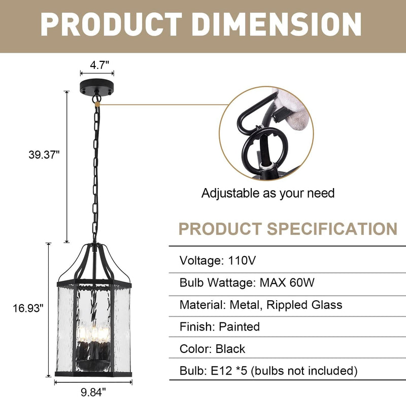 10" Modern 5-Light Exterior Black Lantern Pendant Light Fixture with Clear Rippled Glass Mini Industrial Hanging Cage Chandelier for Outdoor Kitchen Dining Room Hallway Entryway Foyer Porch