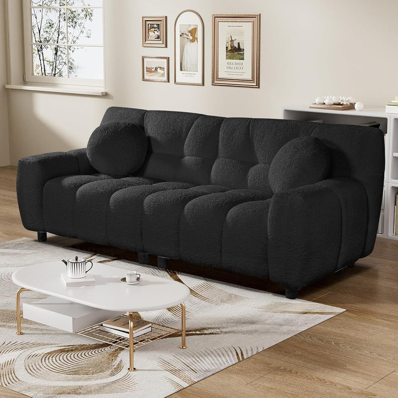 Boucle Cloud Sofa Couch, Comfy Deep Seat Sherpa Couch, 72.8" Upholstered Cozy Teddy 2 Seat Marshmallow Couch with 2 Pillows, Oversized Loveseat Sofa for Living Room, Apartment, Black