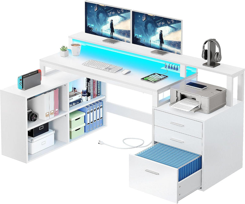 DWVO L Shaped Desk with Power Outlets & LED Lights, 65" Computer Desk with Drawers, Corner Desk Office Desk with File Cabinet & Printer Stand, White