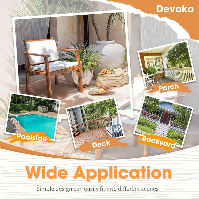 Devoko Patio Set 3 Piece Acacia Wood Outdoor Furniture Conversation Seat with Table & Cushions Porch Chairs for Balcony, Deck, Backyard, Beige