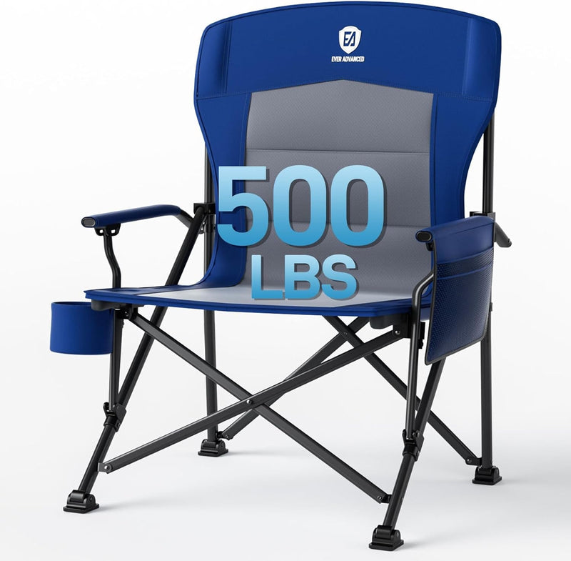 EVER ADVANCED Oversized Folding Camping Chair, for Adults Heavy Duty Lawn Chair with Side Pockets, Portable Collapsible Quad Chair for Outside, Support up to 500Lbs, Blue