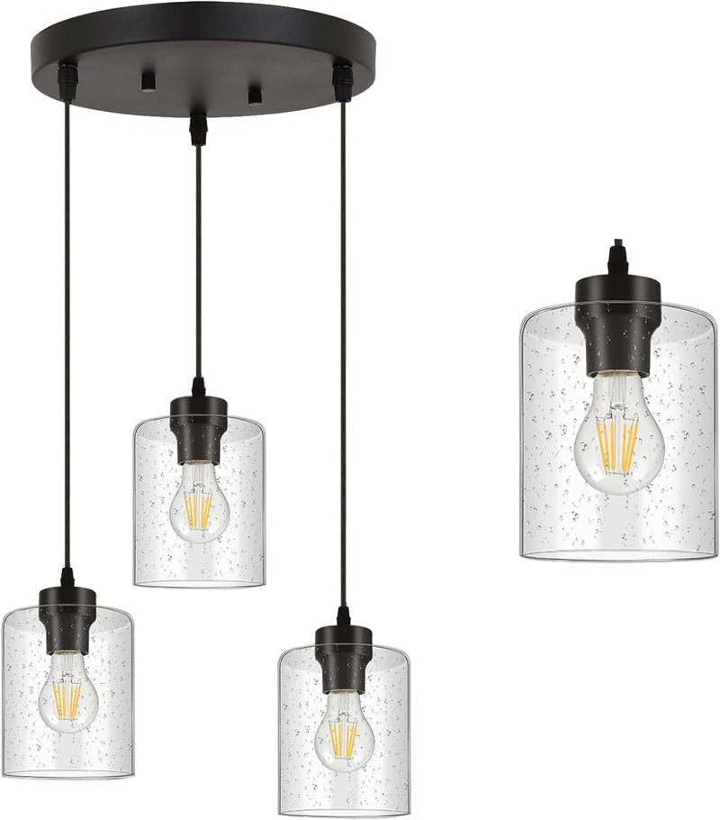 Boostarea 3-Light Modern Pendant Light Fixtures, Industrial Hanging Ceiling Lamp with Seeded Glass Shade, Farmhouse Black Pendant Lighting for Kitchen Island Sink Living Room Hallway Dining Bedroom