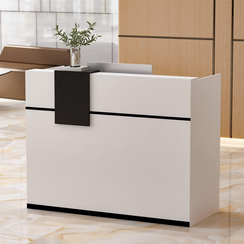 Homsee Modern Reception Desk Counter with Hutch, Adjustable Storage Cube, Lockable Drawer & 1 Door Cabinet, Office Wooden Computer Desk Reception Table, White and Black