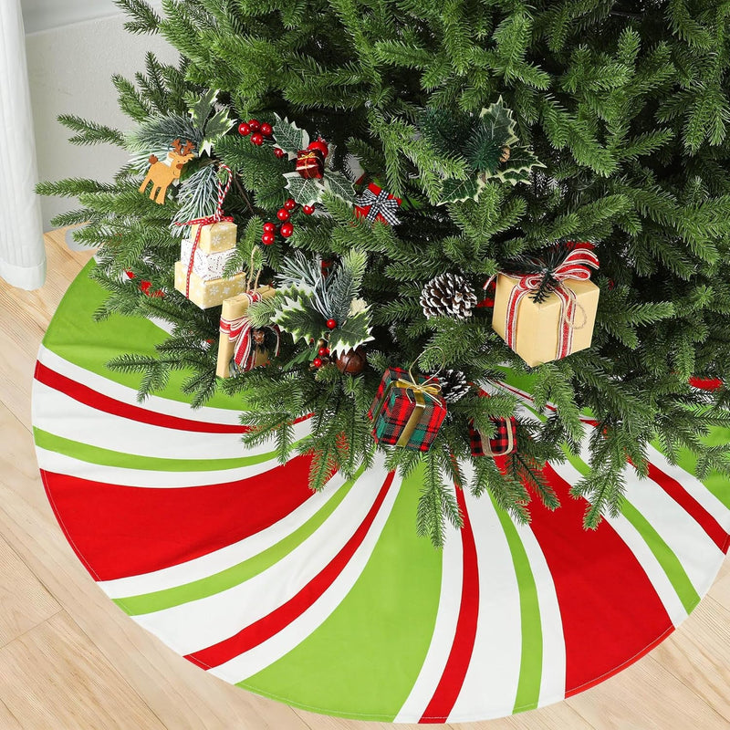 48 Inch Christmas Tree Skirt Peppermint Candy Tree Mat Large Christmas Red White and Green Tree Skirt Candy Swirl Stripe Tree Skirt for Xmas Holiday Home Party Ornament Rustic Farmhouse Decorations