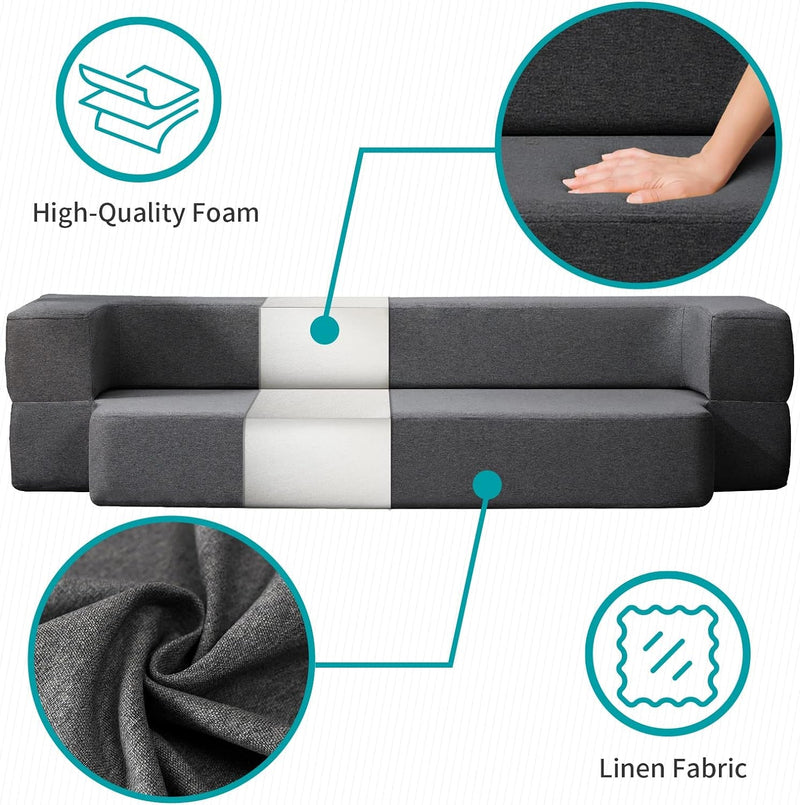 BALUS Queen Convertible Velvet Futon Sofa Bed with 3 Ottomans, Memory Foam Fold Out Couch Bed Folding Sofa Bed for Living Room/Bedroom/Guest Room/Office（Dark Grey）