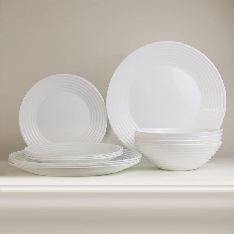 12 Piece White Opal Dinnerware Set, Opal Dinner Set, Kitchen Non-Toxic, Scratch & Chip Resistant, Microwave, Dishwasher Safe - 4Pc Dinner Plate, 4Pc Salad Plate, 4Pc Cereal Bowl