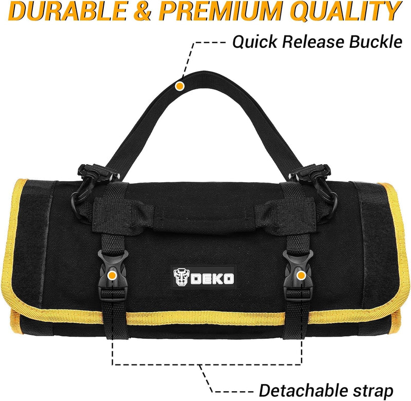 DEKOPRO Tool Roll Bag with Tool Set: Small Tool Roll Organizer Pouch Pocket Bag with Tool Kit Gifts for Men Heavy Duty Tool Storage Bags Pouches Mechanic, Electrician Tools