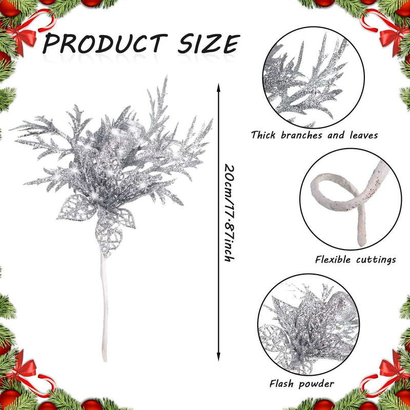 8 Pcs Glitter Christmas Picks with Faux Flower Artificial Leaves Christmas Tree Picks Ornament for Christmas Tree Xmas Wreath Garland Crafts Holiday Wedding Home Decorations, 7.8 Inch(Silver)