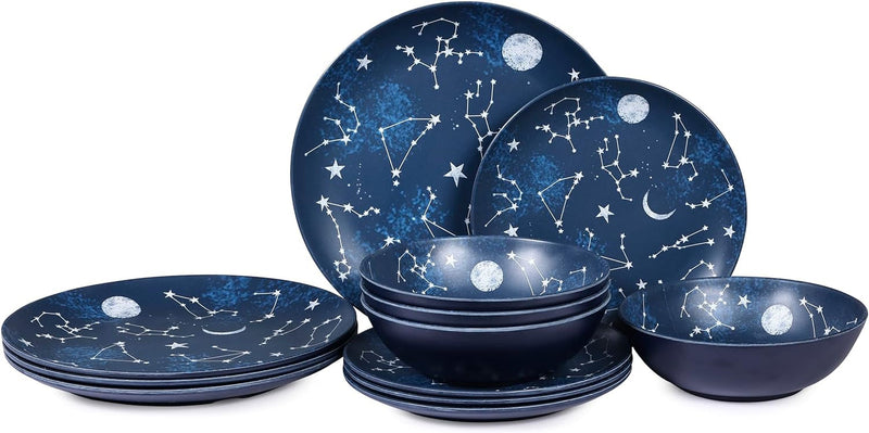 12 Piece Melamine Dinnerware Sets for 4 - Starry Pattern Camping Dishes Set for Indoor and Outdoor Use, Dishwasher Safe Plates and Bowls Sets, Dark Blue