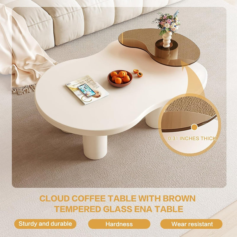 43.81" Modern Nesting Coffee Tables Set of 2, 2 in 1 Irregular Coffee Table, with Glass Top End Table for Living Room, Bedroom, Office, Small Spaces, Easy to Assemble,Cream White