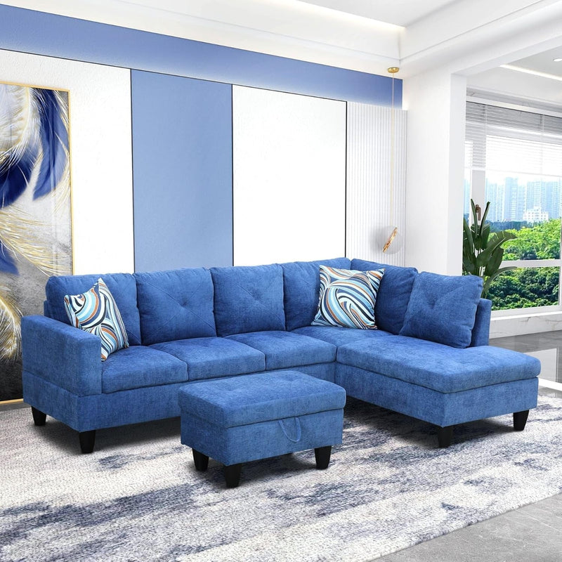 3-Piece L Shape Sectional Sofa, with Left Chaise, Storage Ottoman and Button Tufted Backrest, Modern Flannel Living Room Couch Set for Office and Apartment, 103.5Inch, Blue