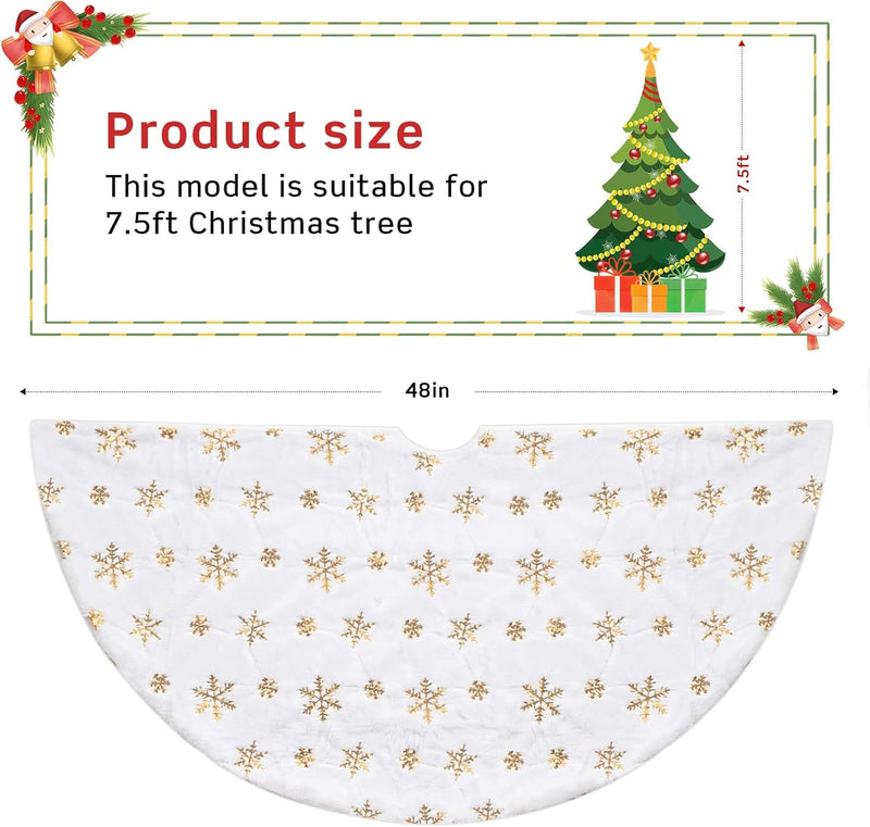 COOLWUFAN 48 Inches Christmas Tree Skirt for Xmas Tree Holiday Party Decoration White Plush Gold Sequin Snowflake (Gold)