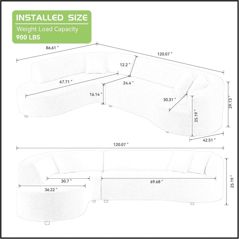 120.07'' Modern Sofa Curved Sofa & Couch for Living Room L-Shape Couch Luxury Sectional Sofa Oversized Minimalist Style Comfy Couch Sleeper Apartment Reception Space Left Chaise White