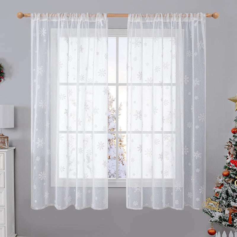 Bgment Christmas Curtains for Living Room 84 Inch Length 2 Panels Set, Snowflake Linen Look Sheer White Curtains Rod Pocket Window Curtains for Dining Room Xmas Holiday Decoration, Set of 52 X 84 Inch