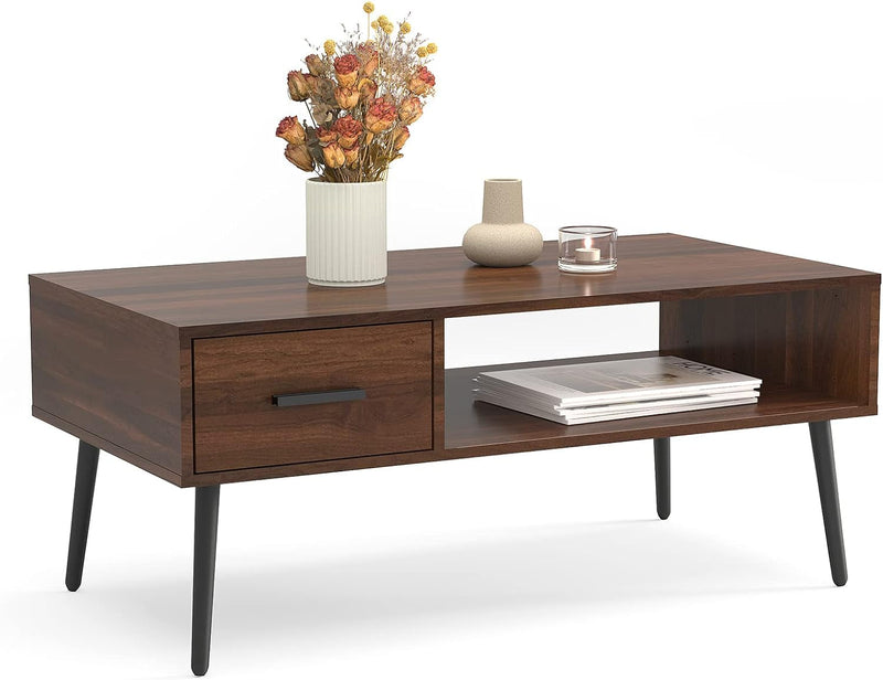 HAIOOU Coffee Table, Mid Century Modern Style Cocktail Table TV Stand with Drawer, Open Storage Shelf, Stable Floor-Anti-Scratching Pine Leg for Home, Office, Living Room