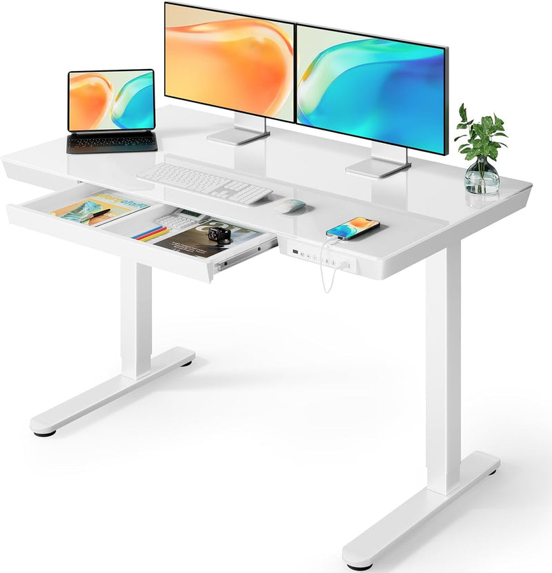 Ergear Glass Standing Desk with Drawer, 48 X 24 Inch Glass Top Standing Desk with Preassembled Top & USB Charging Ports, Adjustable Sit Stand Desk for Home & Office(White Glass)