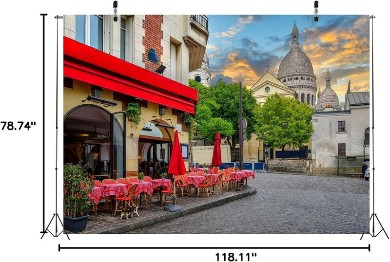 BELECO 10X6.5Ft Fabric Paris Street Cafe Backdrop for Photography Montmartre Cafe Restaurant Cathedral France Landmark Background Paris Theme Party Decorations Portrait Photoshoot Photo Studio Props