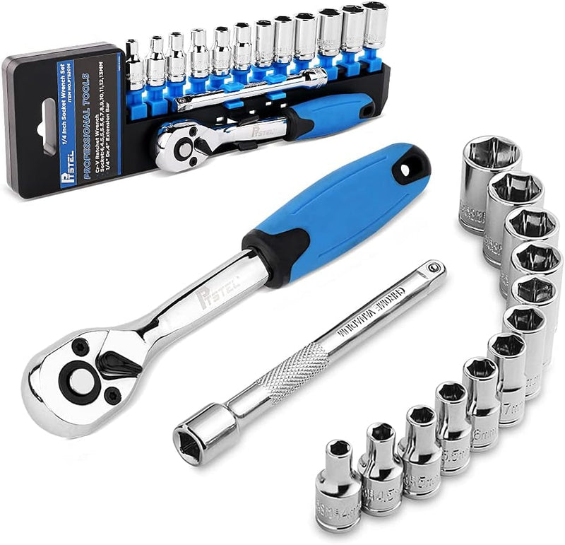 14 Pieces Socket Wrench Kit, 1/4” Drive Socket Set with 72 Teeth Release Ratchet Wrench and Extension Bar, CR-V Sockets