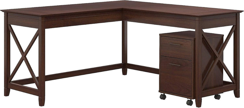 Bush Furniture Key West 60W L Shaped Desk with 2 Drawer Mobile File Cabinet in Cape Cod Gray