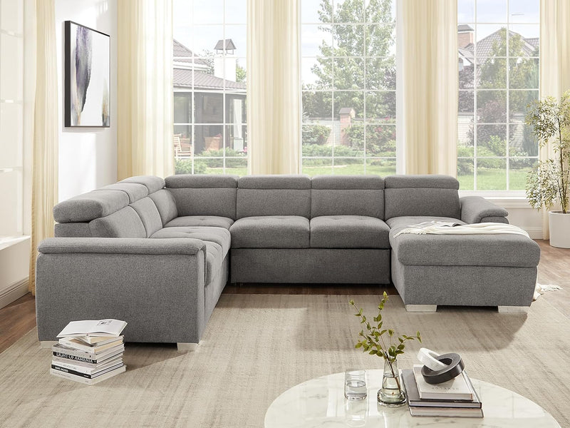 125'' U Shaped Sectional Sleeper Sofa with Pull Out Bed, Storage Chaise Lounge, and Adjustable Headrest, Oversized Sectional Couches for Living Room - Belfast Light Grey