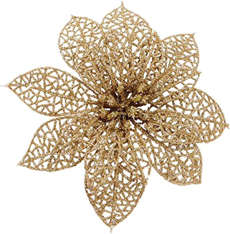 Crazy Night 12Pcs Gold Glitter Poinsettia Artificial Flowers,Christmas Tree Decorations,Wedding Xmas New Year Wreath Ornaments