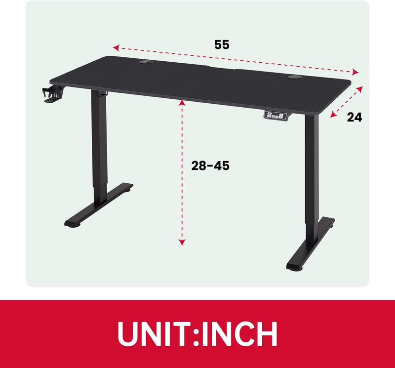 Electric Standing Desk Height Adjustable Computer Desk 55 Inches Home Office Gaming Desk Writing Computer Workstation PC Simple Sit-Stand Large Working Area Student Kids Study Desk (Black)