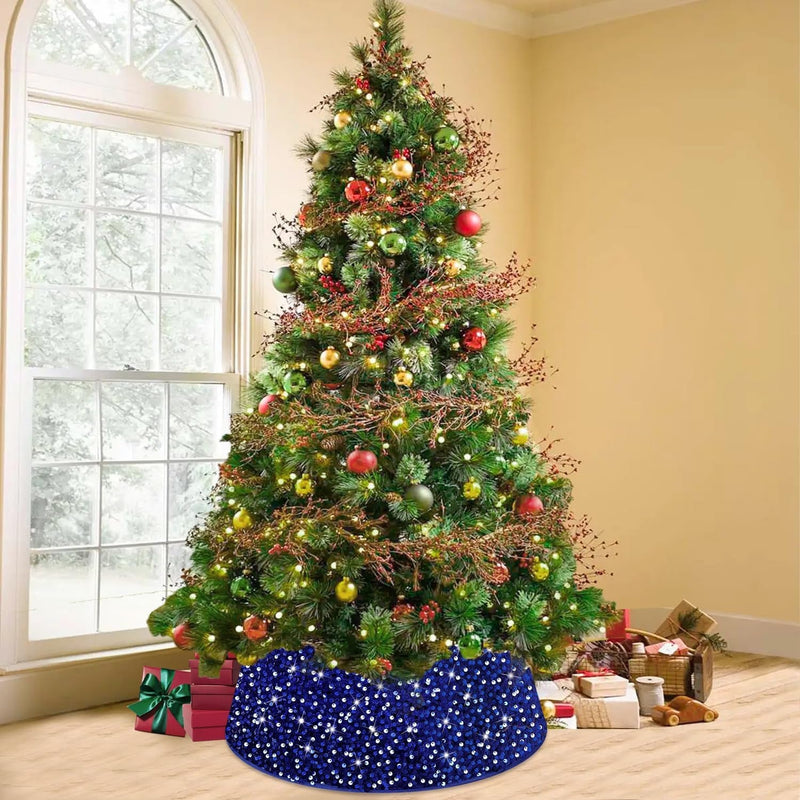 Blue Christmas Tree Collar 23.6 Inch Sequin Velvet Christmas Tree Skirt Christmas Tree Stand Base Cover for Xmas Tree Ring Christmas Tree Base Box Sparkle Tree Collar Skirt for Home Decor