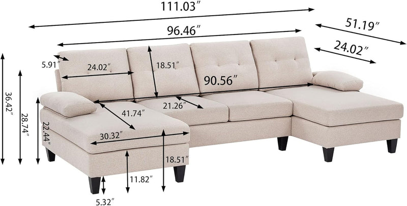 111" Sectional Couch for Living Room, 4 Seater U-Shaped Sofa Couches with Double Chaise Polyester Fibre, Beige